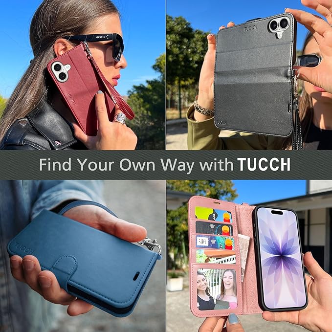 TUCCH Wallet Case for iPhone 17 (6.3") 2025, Wrist Strap RFID Blocking 4 Card Slots, Kickstand, Shockproof TPU Shell, PU Leather, Magnetic Closure, Protective Flip Folio Cover, Black