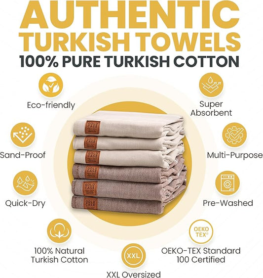 Gold CASE LYCIA Turkish Beach Towel Set of 6 โ 100% Cotton Turkish Beach Towels Bulk 70 x 38'' โ LYCIA Oversized, Quick Dry & Sand Free Beach Towel โ Lightweight Towels Set in Mocha Mousse