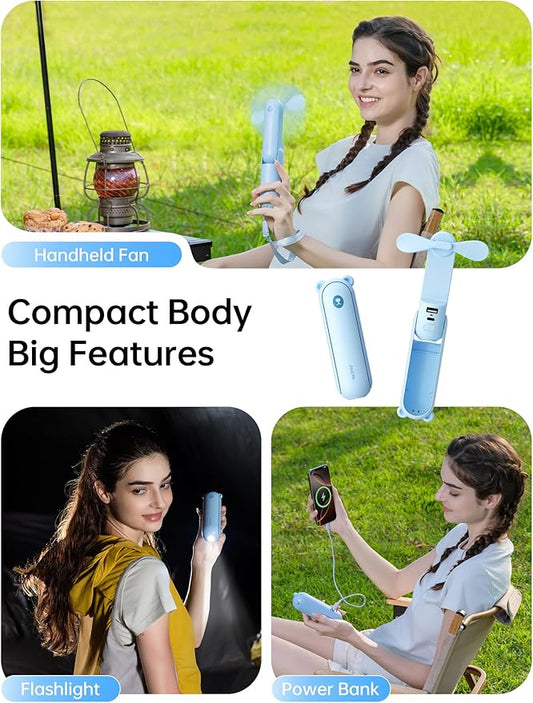 JISULIFE Handheld Fan with 4500 mAh Powerbank Max 37 Hours Runtime, Pocket Portable Battery Operated or USB Powered Folding Personal Fan, 3 Speeds, Gifts for Women Men Kids Gift for Festival-Blue