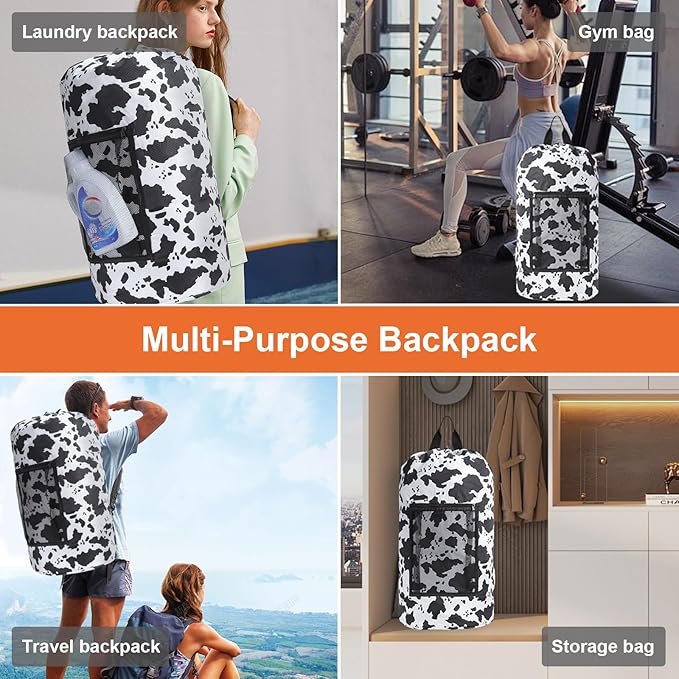 Femuar Laundry Bag Backpack Durable Laundry Bag with Shoulder Straps and Mesh Pockets Portable Laundry Dirty Clothes Hamper Bag for College Dorm (Cow Print)