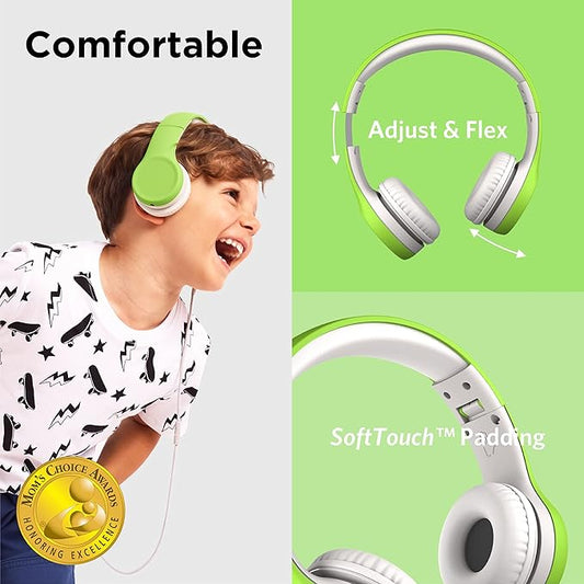 LilGadgets Connect+ Foldable Headphones, Adjustable Fit Soft Touch Padding for Kids with Mic, Volume-Limited & Noise Reduction On-Ear Wired Headset for School with SharePort - Green, Ages 3-14