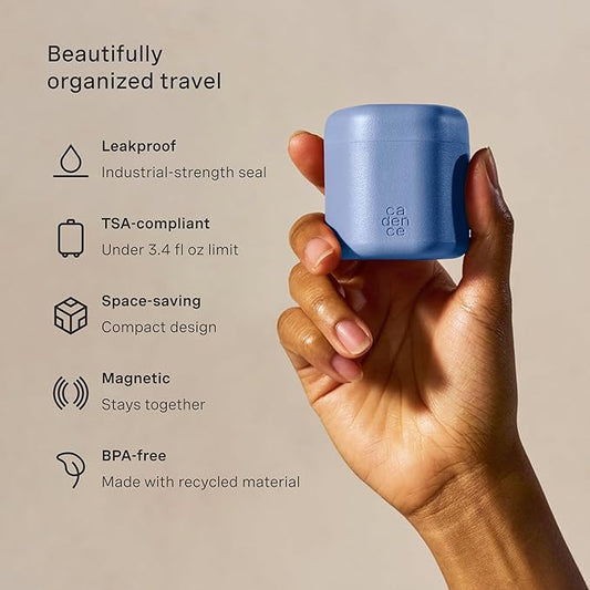 Cadence Travel Containers - Body Care Capsule Set - Magnetic Containers with Lids,Carry On Travel Essentials for Women/Men - 3 Flex Mediums (1.32oz) - Body Wash, Lotion & Sun Icon Labels - Pacific