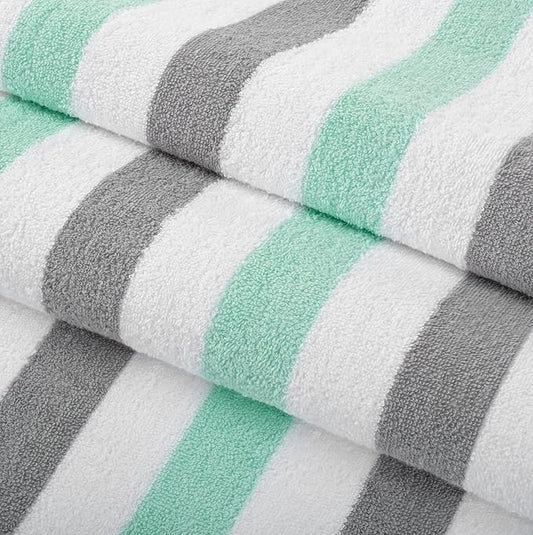 Arkwright Cabo Cabana Stripe Beach Towel Bulk - Case of 24 - Large Soft Quick Dry Cotton Terry Towels for Pool, Swim, and Hot Tub, Oversized 30 x 70 in, Grey/Mint