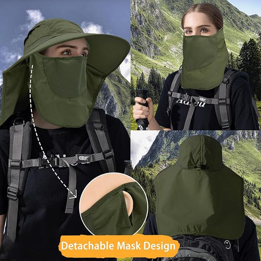 Sun Hats for Men Women Detachable Face Cover Wide Brim Fishing Hats with Neck Flap UPF 50+ Outdoor Safari Hats
