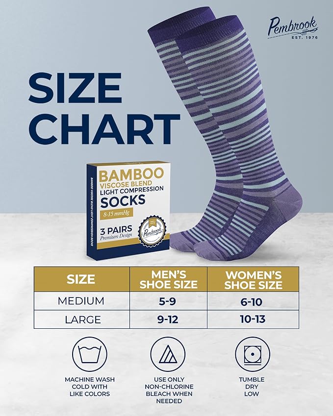Pembrook Bamboo Viscose Light Compression Socks - 3 Pairs | 8-15 mmhg Compression Socks | Knee High Comfort Support Socks