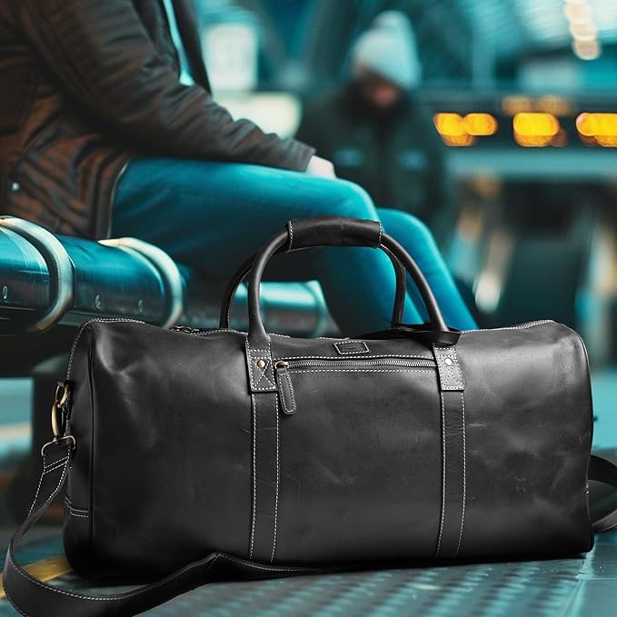 Leather Village Leather Duffel Bags for Men & Women-Stylish Travel Weekender Carry-On Sports Gym Overnight Luggage Bag - 20 Inch - Black