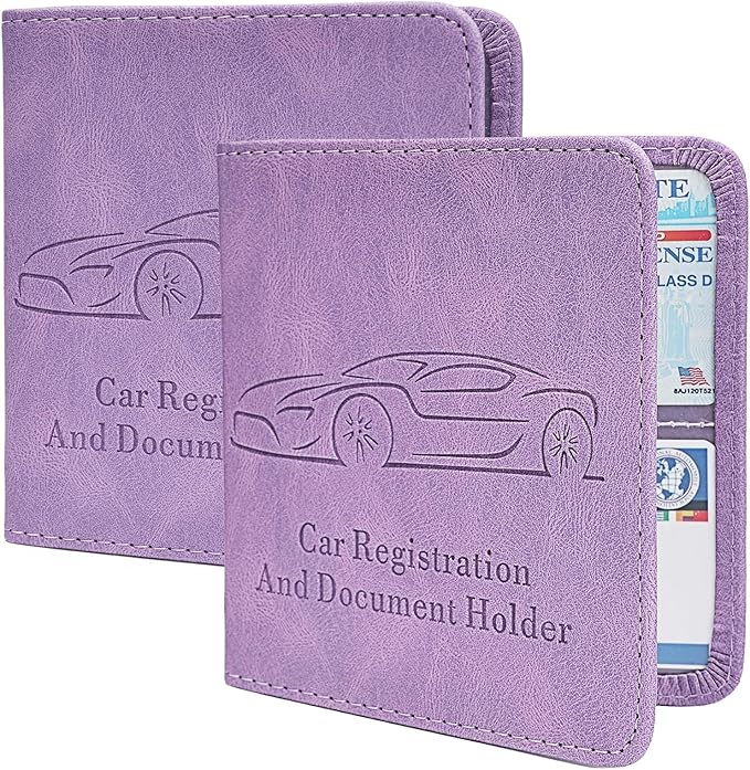 2-Pack Car Registration and Insurance Holder, Car Organization Vehicle Document Organizer with Magnetic Closure for Cards, License in Glove Box, Purple