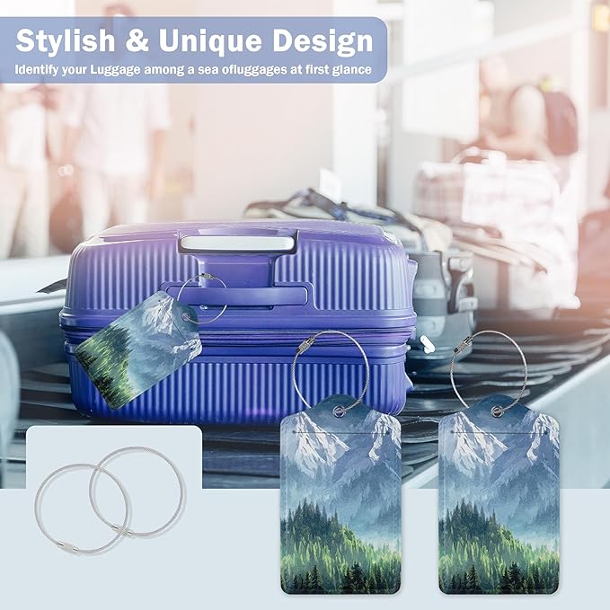 Luggage Tags for Suitcase,2 Pack Misty Forest Mountains Luggage Tag with Privacy Flap,Name ID Label and Metal Loop for Women Men Teens Travel