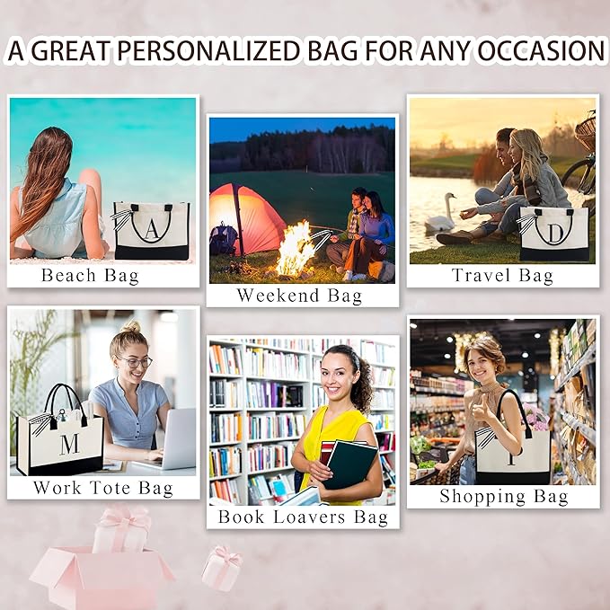 BeeGreen Embroidery Monogram Initial Tote Bag for Women Teacher Mom Friend Personalized Gift for Birthday Beach Work Wedding