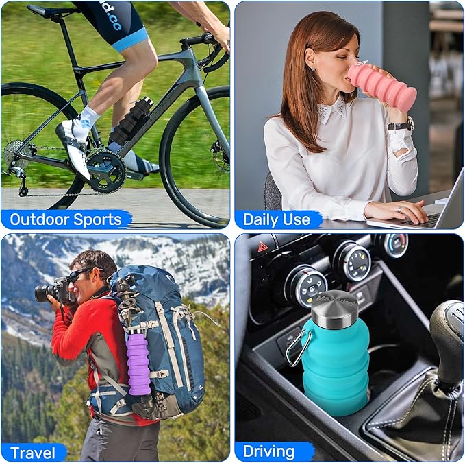 Collapsible Water Bottle, 16oz Portable Reusable Silicone Water Bottle, BPA-Free Leak-Proof Foldable Design with Carabiner, Lightweight Durable for Gym, Travel, Camping, Hiking, Sports, Light Pink