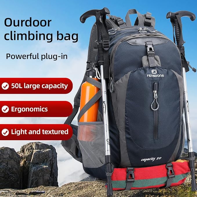 FENGDONG 50L Waterproof Lightweight Expandable Hiking,Camping,Travel Backpack with Shoes Compartment for Men Women Blue