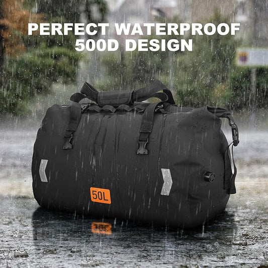 Waterproof Duffel Bag, 50L Roll-top Motorcycle Dry Bag with Air Valve & Quick-fixed Straps, Travel Duffle Bags for Kayaking Paddle Boarding Rafting Boating Camping Riding Fishing - Black