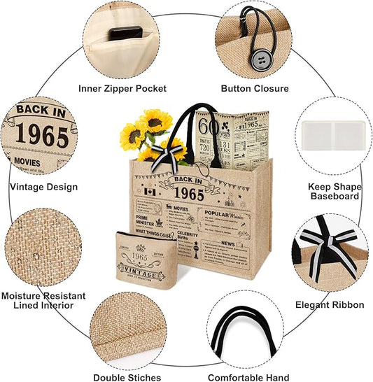 YeohJoy 60th Birthday Gifts for Women Jute Tote Bag, Vintage 1965 Burlap Bag with Cosmetic Bag and Back in 1965 Poster, Unique 60 Years Old Gifts for Mom Friends Wife Sister Her