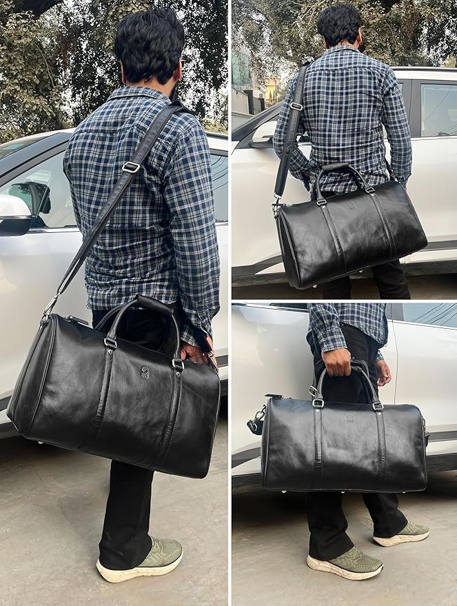 Leather Duffle Bag for Men - Full Grain Leather Travel Bag - TSA Approved Carry On Weekender Overnight Duffel Bag (Black, 20 inch)