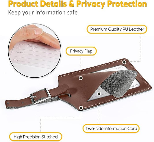 Travelambo 8 Pack Luggage Tags Faux Leather for Suitcases Travel Bag Labels Travel Accessories Essential with Protection Cover ID (Brown)