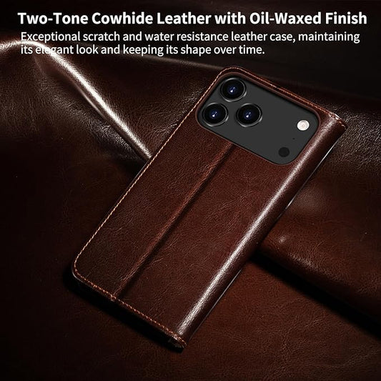 Belemay Leather Wallet Case Compatible with iPhone 17 Pro, Premium Cowhide Leather Two-Tone Effect, RFID Blocking Card Holders, Shockproof TPU Shell, Kickstand, Protective Flip Cover, 6.3", Brown