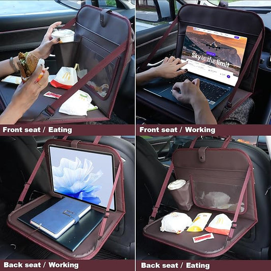 GMQ Backseat Car Organizer with Detachable Steering Wheel Tray 1 Pack,Car Back Seat Laptop Desk, Multifunctional Office Bag,Back Seat Car Storage & Tablet Holder for Kids (Coffee Brown)
