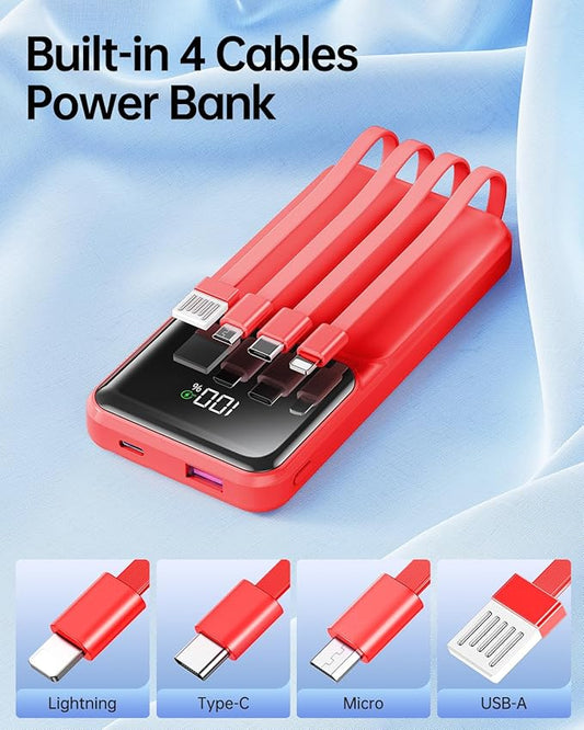 Portable Charger with Built in Cable - 22.5W Power Bank Fast Charging USB C 10000mAh LED Display Travel Battery Pack 5 Outputs & 3 Inputs for iPhone Samsung Android iPad Phones Tablets etc