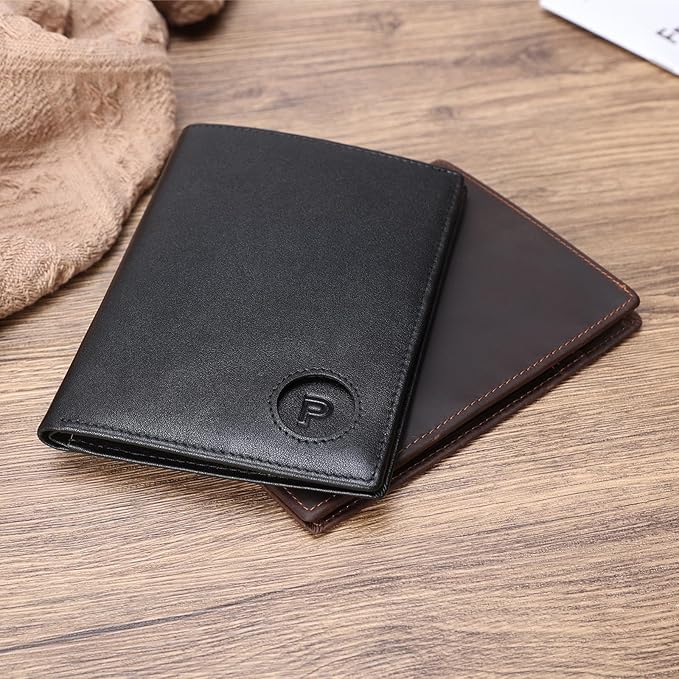 Polare Luxury RFID Blocking Leather Passport Holder Travel Wallet For Men and Women (Black with AirTag Slot)