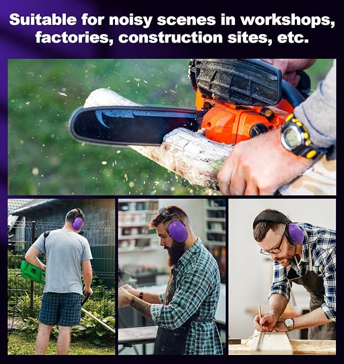 PROHEAR 038 Ear Protection Safety Earmuffs for Mowing, 28dB Noise Reduction Passive Hearing Protector, Compact Foldable Headset for Shooting Construction Power Tools, Purple