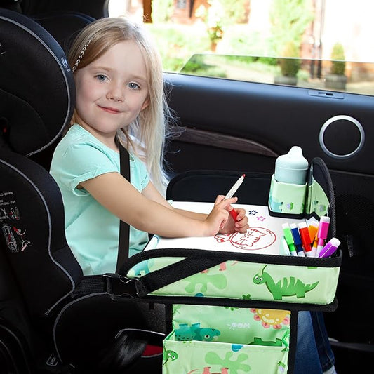 WENRENER Kids Travel Tray, Car Seat Tray for kids Travel, Toddler Road Trip Essentials With Drawing Kit, Toddler Lap Desk Organizer for Car, Carseat Table for Airplane