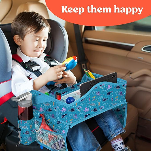 PILLANI Kids Travel Tray for Car - Car Seat Tray for Kids Travel, Road Trip Essentials Must Haves - Carseat Table Roadtrip Activities - Toddler Lap Desk Organizer for Airplane - Kids Travel Essentials
