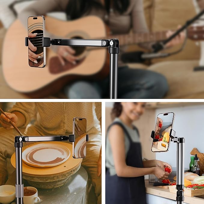 Phone Stand for Recording Overhead Desktop Phone Holder Mount with Flexible Extension Arm, Adjustable Height, for Video, Painting, Meeting, Fliming