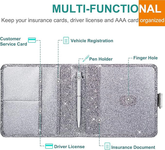 Car Registration & Insurance Holder - Premium Leather Document Organizer for Cards, Essential Documents, Driver License - Gray Glitter