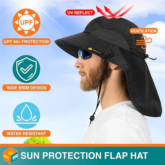 SUN CUBE Wide Brim Sun Hat with Neck Flap, UPF50+ Hiking Safari Fishing Hat for Men Women, Sun Protection Beach Hat