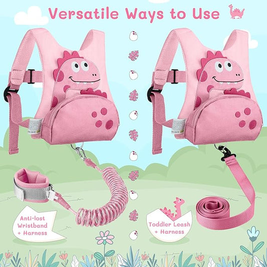 3 in 1 Toddler Harness Leash + 8.2ft Anti Lost Wrist Link, Cute Dinosaur Kids Anti Lost Leash with Key Lock, Child Walking Harness for Parent Boys Girls Keep Kids Close, Travel Essensials