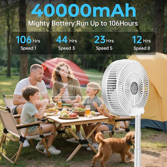 40000mAh Battery Operated Fan, Rechargeable Collapsible Fan, 106H Run, 8 Speeds Oscillating with Remote, Battery Powered with Timer & Light for Travel Cruise Essentials RV Outdoor Power Outage
