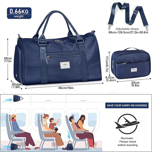 FIORETTO Womens Gym Tote Duffle Bag with Toiletry Bag, Sports Duffel Overnight Hospital Workout Carry on Bag for Girls with Wet Pocket & Shoe Compartment, Ideal for Travel, Swimming, Dance Navy Blue