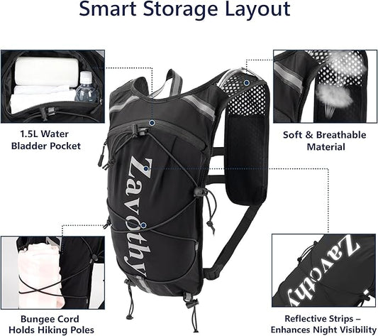 Zavothy Hydration Backpack with Rain Cover, 1.5L Lightweight Hydration Pack for Hiking, Cycling & Trail Running