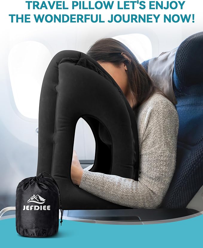 JefDiee Inflatable Travel Pillow, Airplane Neck Pillow Comfortably Supports Head and Chin for Airplanes, Trains, Cars Office Napping on The Tray Table (Black)