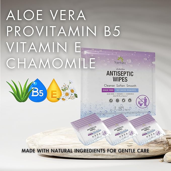 XL Individually Wrapped Nurture Antibacterial Body & Hand Wipes | Alcohol-Free Antiseptic Wet Disinfecting Towelettes for Germ Removal, Sanitizing Hands |Cleaning Cloths| Adults & Baby| Thick & Strong