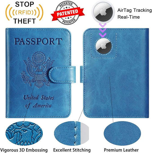 Airtag Passport Holder Cover Wallet RFID Blocking Leather Case Travel Essentials Luggage Accessories Travel Must Have(118#Blue)
