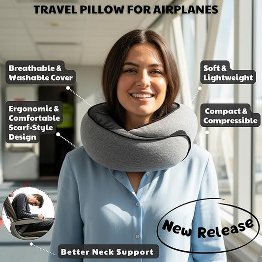 Travel Pillow for Airplane,Ergonomic Neck Support Memory Foam Scarf Pillows, Design Like a Cinnamon Roll, Soft & Comfy for Travel, Car, Train & Office, Adults & Kids, Includes 3D Eye Mask & Pill Case