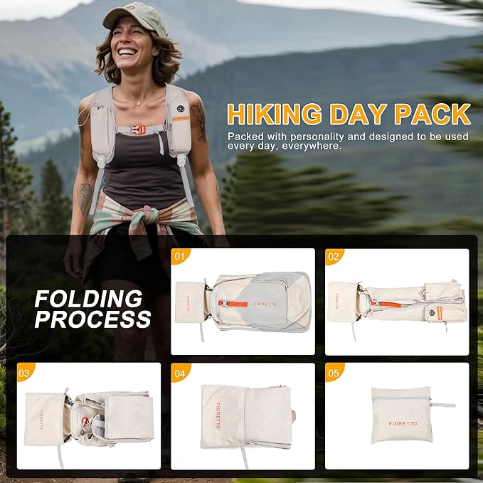 FIORETTO 10L Hiking Backpack for Women Men Mini Packable Backpack Lightweight Small Daypack for Camping Travel Outdoor, Beige