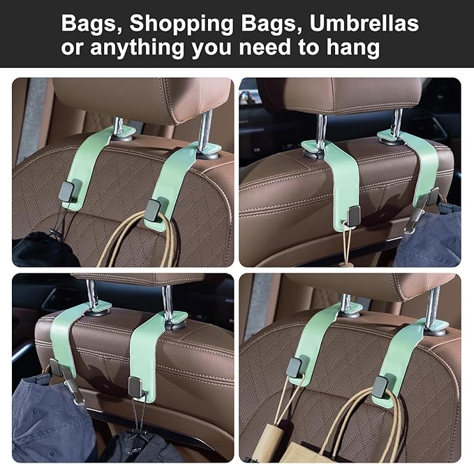 CoBak Headrest Hooks for Car - Universal Premium Stitched Leather and Aluminum-Magnesium Alloy Single Car Seat Back Storage Hook for Purses, Handbags, Bags (2 Pack),Sage Green