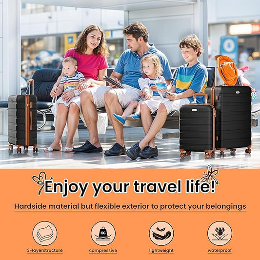 AnyZip Luggage Sets 3 Piece Hardshell Suitcase Set PC ABS Lightweight Travel Suitcases with 4 Double Spinner Wheels TSA Lock 20 24 28 Inch Black Brown