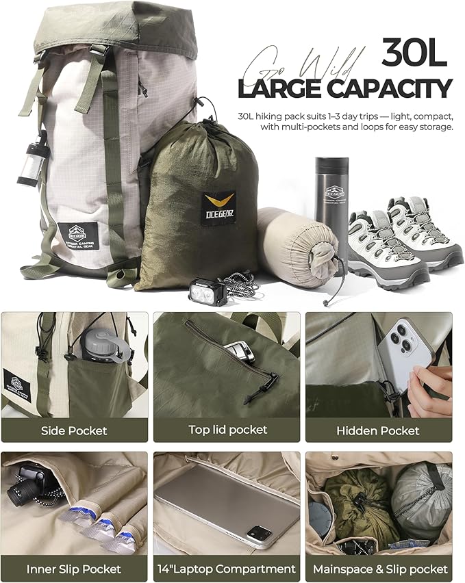 Hiking Backpack for Women Men Lightweight Camping Backpack with Rain Cover 30L Waterproof Hiking Daypack Bag with Hiking Pole Carrying System for Travel Trekking Mountaineering Large Capacity (Green)