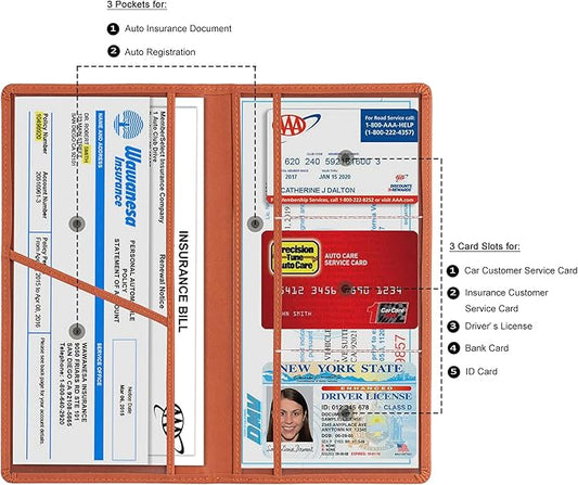 TOURSUIT Car Registration and Insurance Card Holder, Vehicle License Document Glove Box Compartment Organizer, Interior Car Accessories for Women Men Teens (Brown)
