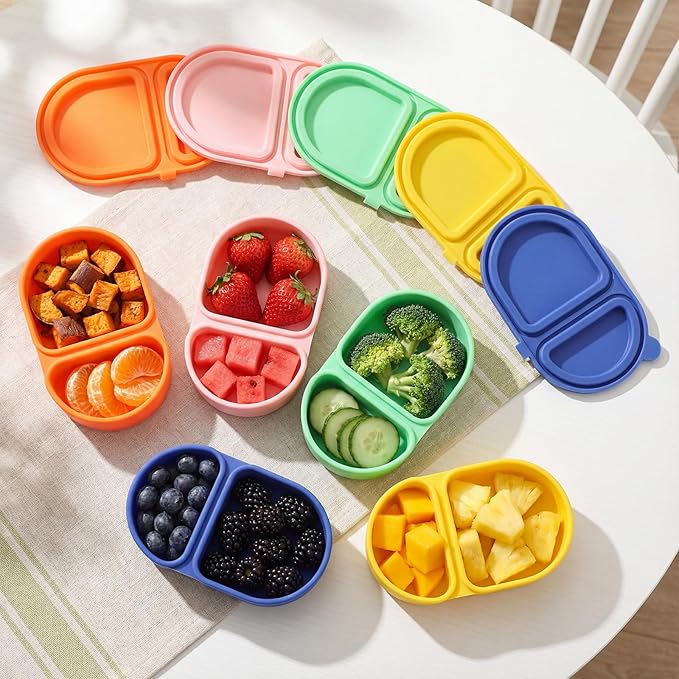 Yiyiring 5 Pcs Reusable Silicone Snack Containers with Lids 2 Compartment Leakproof Food Storage Containers 8 oz Small Portable Bento Boxes for School Office Picnic Travel Daycare