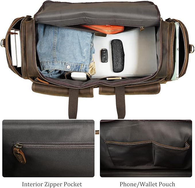 Polare 26" Full Grain Cowhide Leather Large Duffle Weekender Overnight Travel Duffel Bag For Men 62L