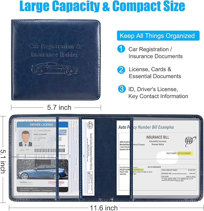 DMLuna Car Registration and Insurance Holder, Folio Leather Vehicle Card Document Glove Box Organizer, Auto Truck Compartment Accessories for Essential Information, Driver License Cards, Dark Blue
