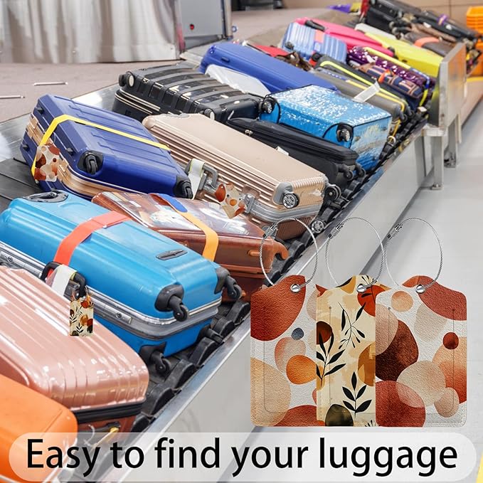 Abstract Boho 3 Pack Luggage Tags for Suitcases, PU Leather Baggage Suitcases Tag Name ID Label Privacy Cover Travel Bag Tags for Women Men Boys Girls