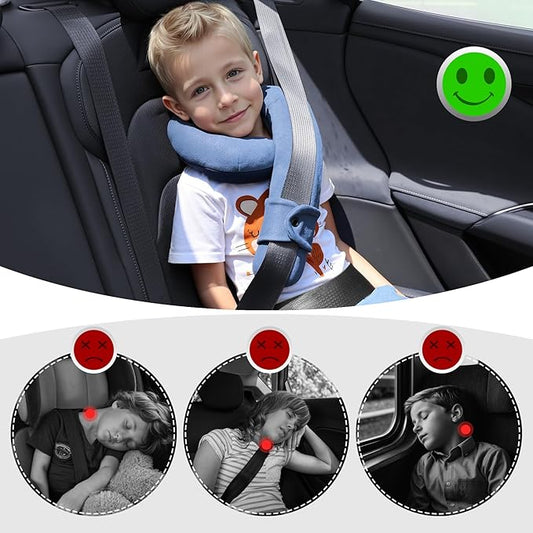 Kids Travel Neck Pillow, Comfortable Head & Chin Support for Car seat & Airplane, Toddler Pillow for Sleeping on Road Trip, Gifts for Child (Light Blue & Dark Blue)
