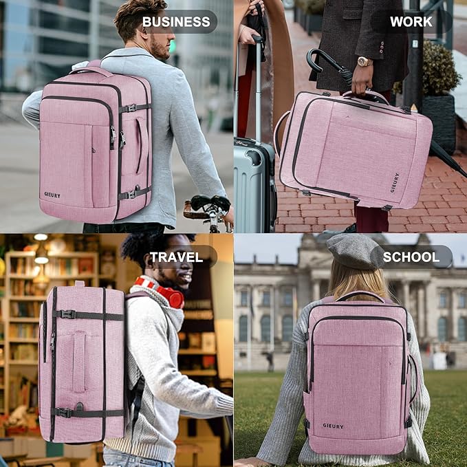 Carry On Backpack, 40-50L Travel Backpack for Men & Women, Expandable Backpack For Airplanes, 17 Inch Laptop Backpack, Luggage Suitcase 40L Daypack Lightweight Business Weekender Bag, Light Pink