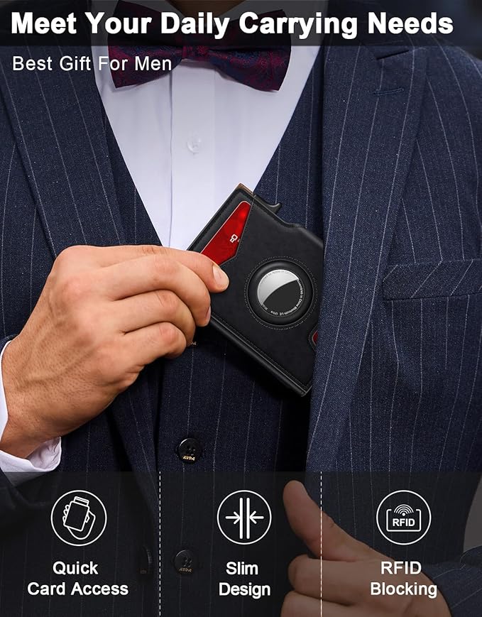 Airtag Wallet for Men, Minimalist Slim Mens Wallet Smart Pop Up Credit Card Holder for 9-13 Cards, RFID Blocking Wallet with ID Window & Cash Slot, Compact Bifold Metal Aluminum Card Case