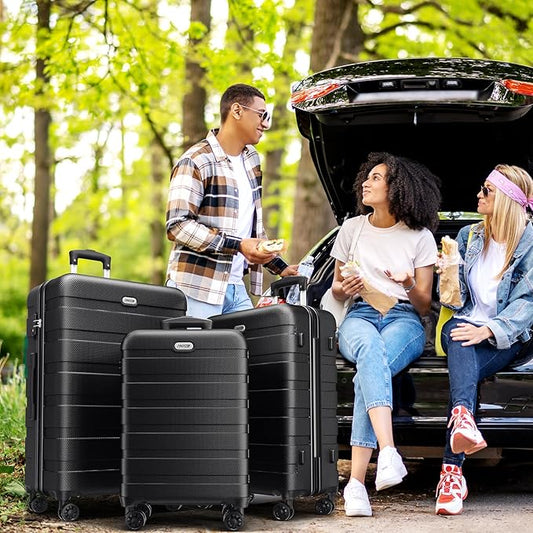 AnyZip Luggage Sets 3 Piece Hardshell Suitcase Set PC ABS Lightweight Travel Suitcases with 4 Double Spinner Wheels TSA Lock 20 24 28 Inch Black